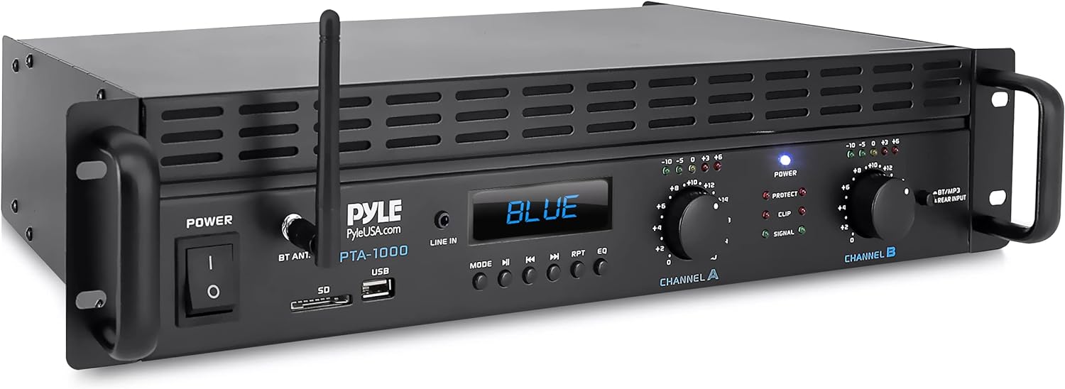 Professional Audio Bluetooth Power Amplifier - 2-Channel Rack Mount Bridgeable, LED Indicators, Shockproof Binding Posts, Cooling Fans 1000 Watt - Pyle PTA1000