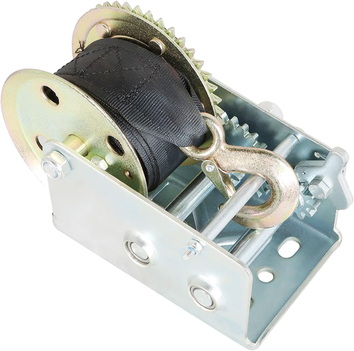 findmall Heavy Duty Hand Winch 2500lbs Hand Crank Strap Gear with 24FT Strap Manual Operated Two-Way Ratchet ATV Boat Trailer Marine Pack of 2