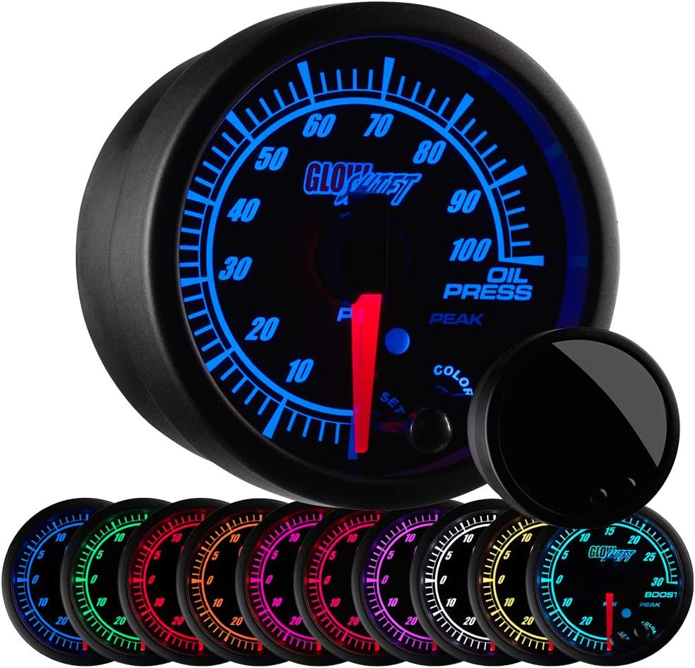 GlowShift Elite 10 Color 100 PSI Oil Pressure Gauge Kit - Includes Electronic Sensor - Black Dial - Tinted Lens - Peak Recall Function - for Car & Truck - 2-1/16