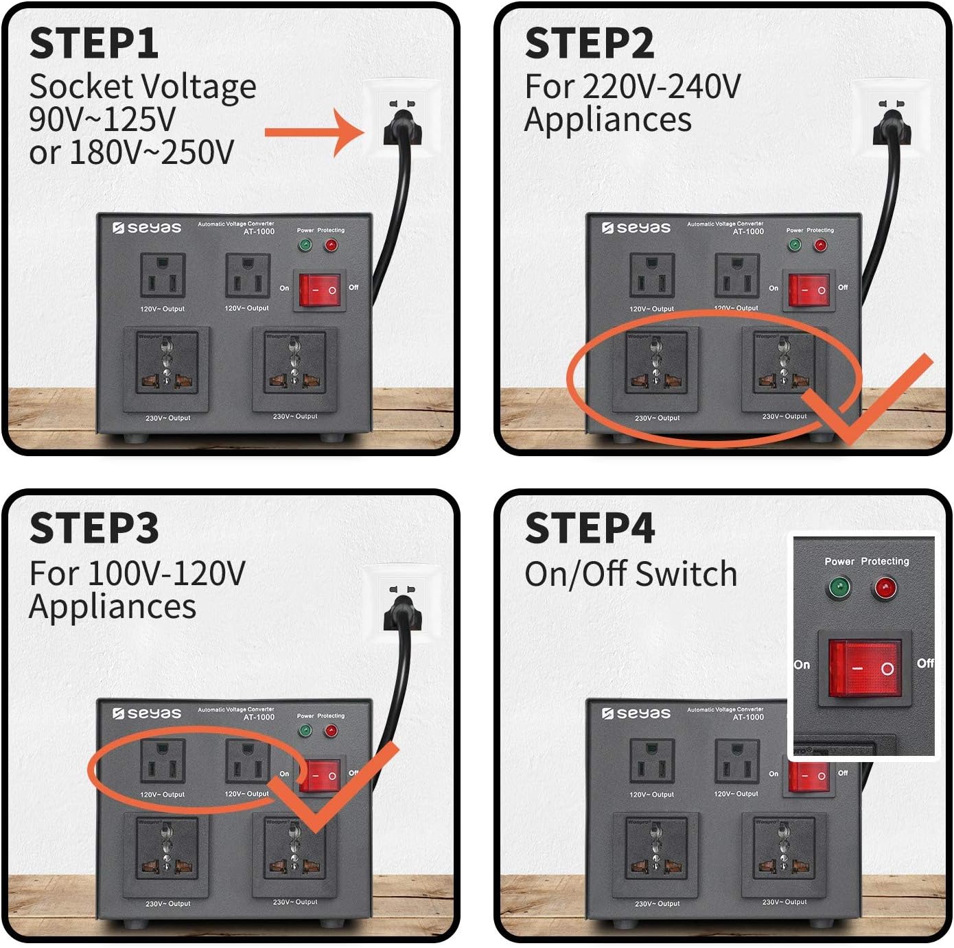 SEYAS 1000W Auto Step Up & Step Down Voltage Transformer Converter, 110-120 to 220-240 Volts, Soft Start & Full Load, 7x24hrs Continous Run, Circuit Breaker Protection, U.S. Patent No. US9225259 B2 Pack of 2