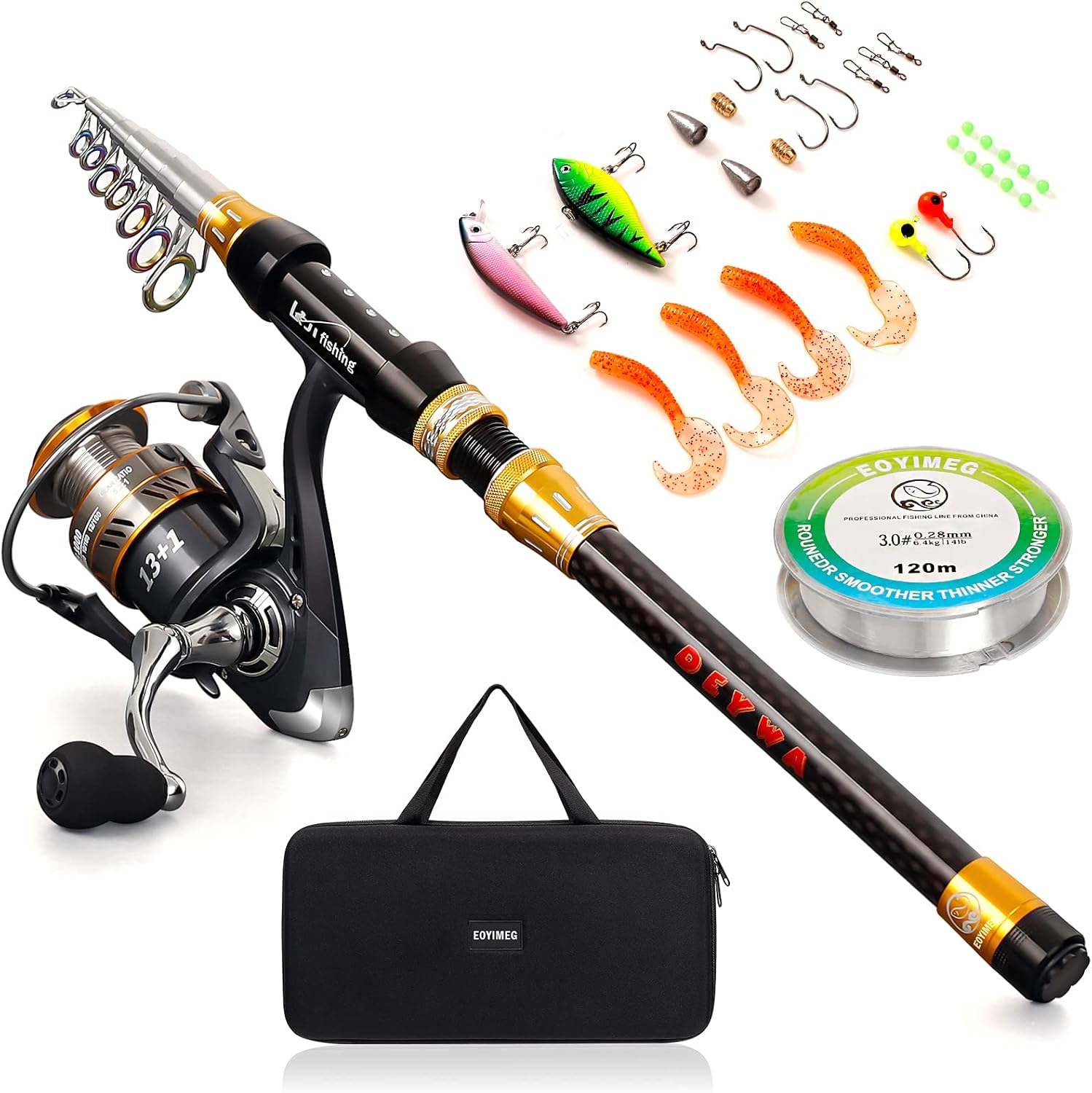 EOYIMEG Telescopic Fishing Rod and Reel Combo, Carbon Fiber Fishing Pole Kit for Kids Adults Portable Fishing Poles and Reels for Saltwater Freshwater with Fishing Accessories Golden Black Pack of 2