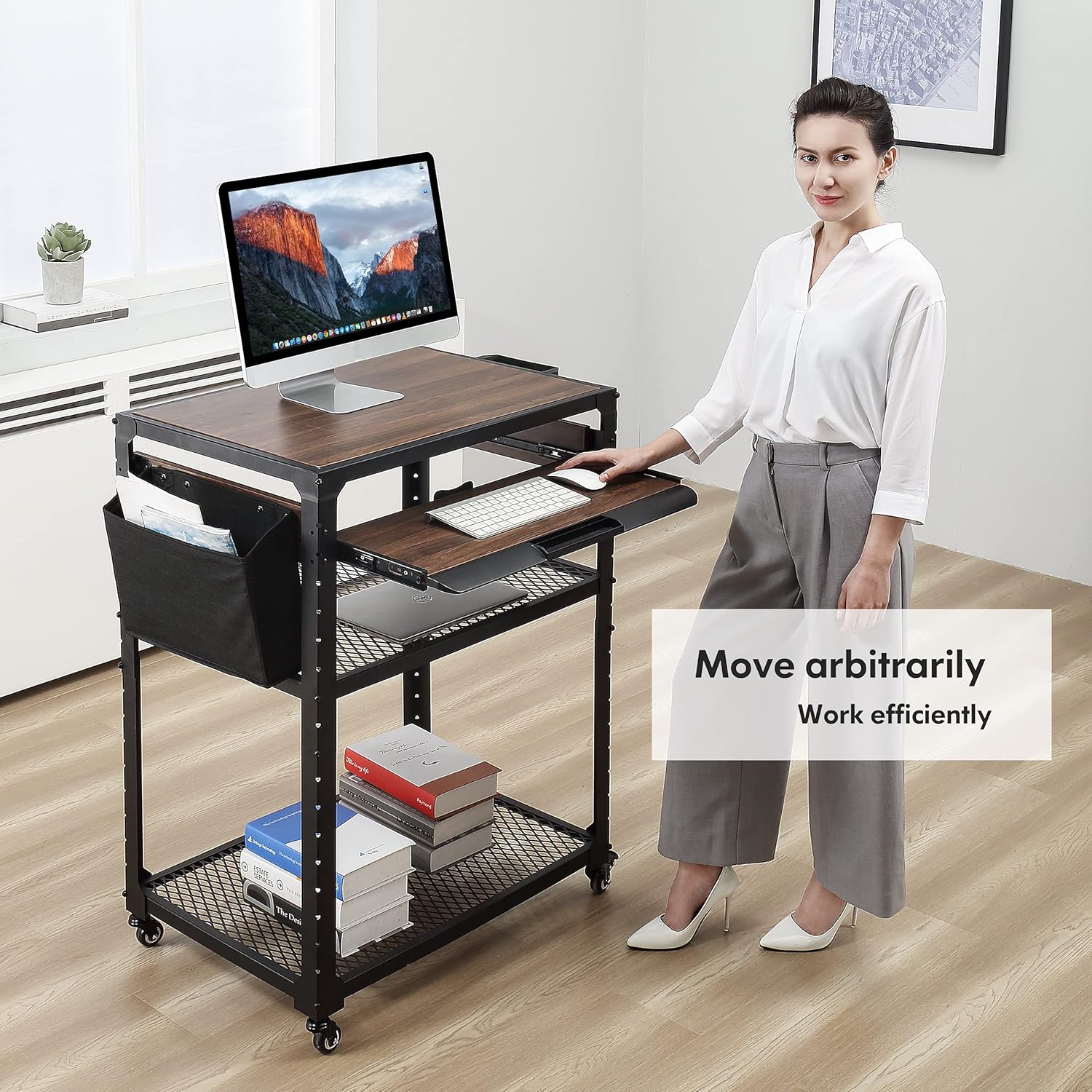 Fenge AV Presentation Cart Stand with Keyboard Tray,Printers-Metal Construction Rolling Storage Cart with Adjustable Shelves for Office Home, AC750005WG