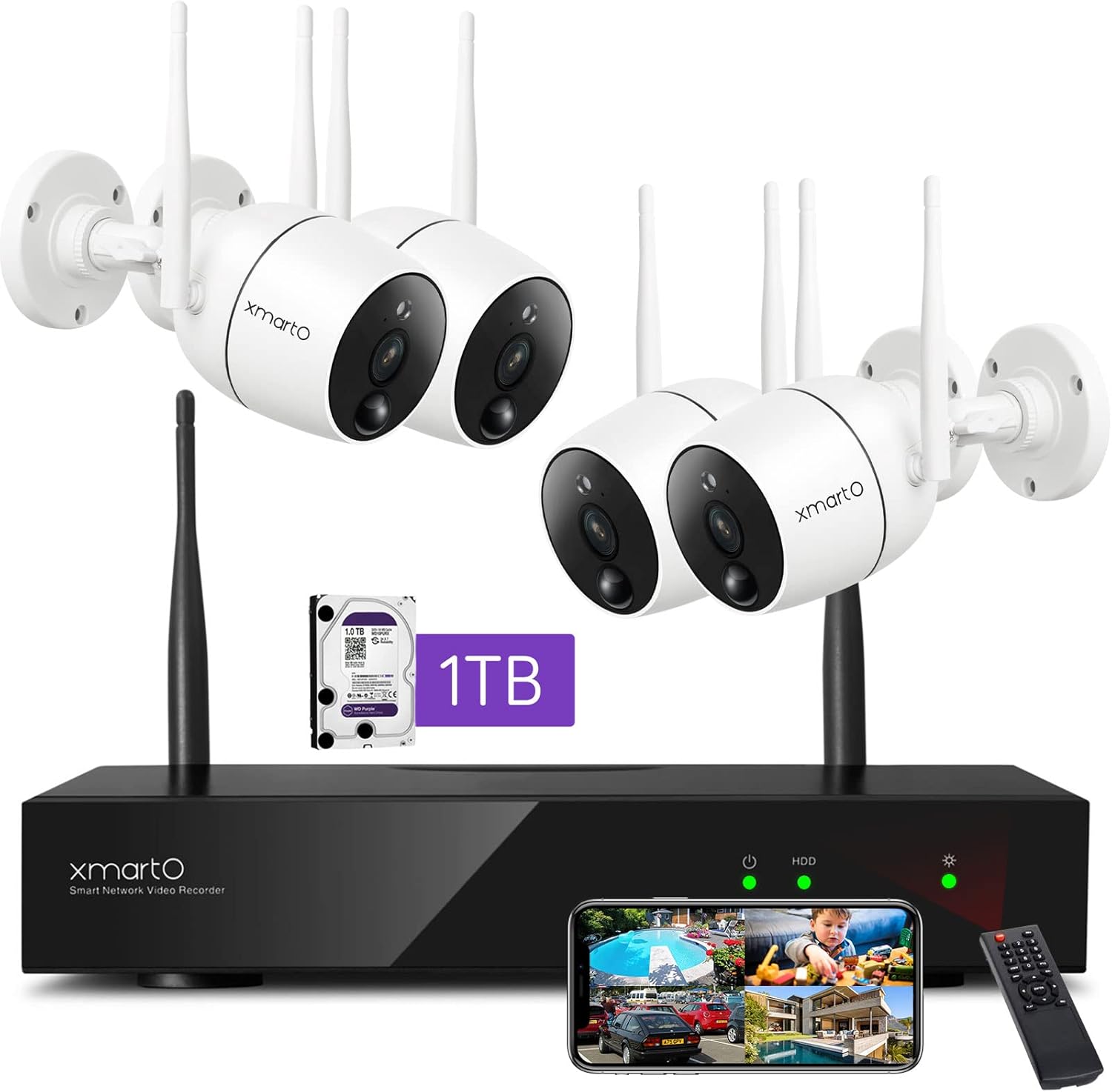 [Thermal True Detection] XMARTO Prime 8CH 2K HD Wireless Security Camera System 24/7 w. Human/pet/Vehicle Detect,Color Night Vision,2-Way Audio and 1TB HDD (Smart Lights & Siren,WPS2K84-1TB Plug-in)