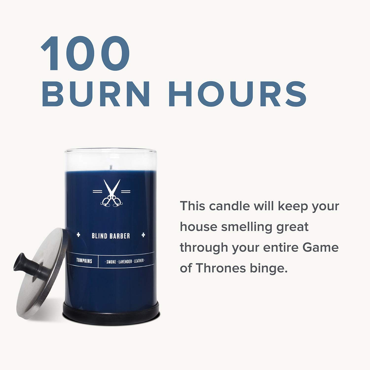 Blind Barber Tompkins Scented Candle - Long Lasting Soy Wax Candle in Barber Style Glass Jar with Notes of Leather, Smoke & Lavender - 100 Hour Burn Time (23.6oz)