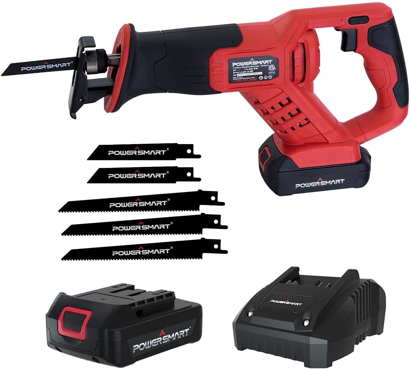 PowerSmart Reciprocating Saw Cordless - 20V Max Cordless Reciprocating Saw with 2.0Ah Battery and Charger, No-load Speed 3000SPM, Battery Operated Sawzall, 5 Blades for Wood, Metal, PVC Cutting Pack of 2