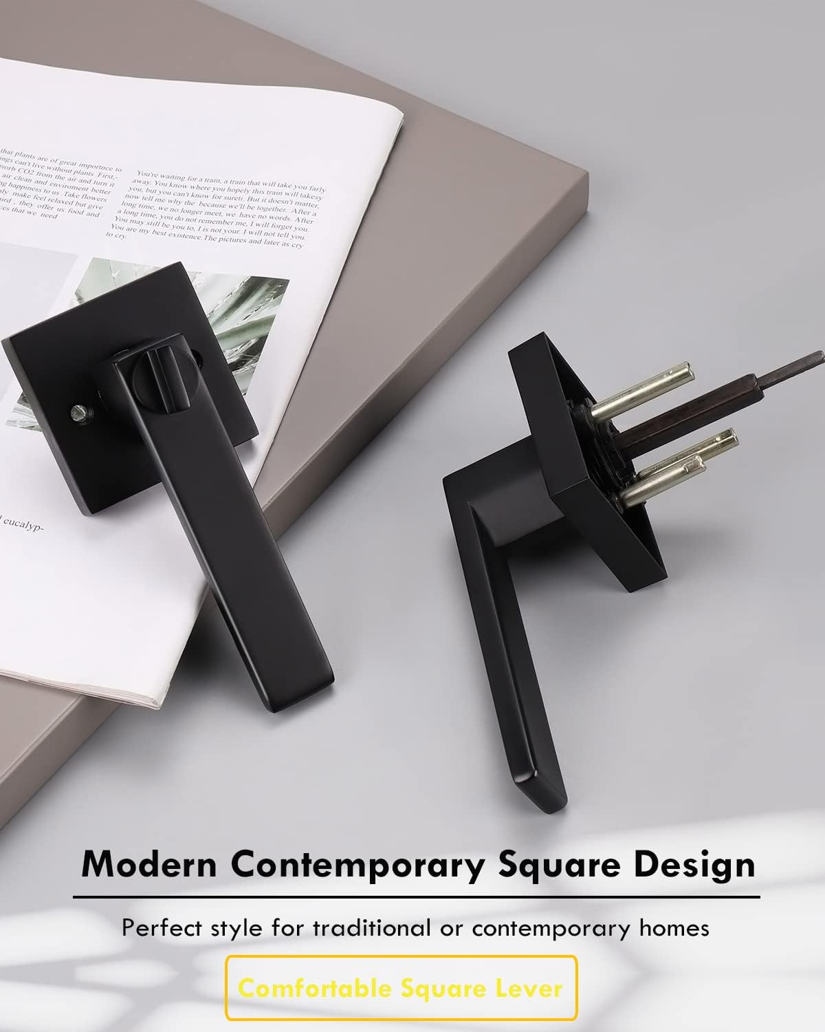 5 Pack Privacy Door Handle Locking Lever with Modern Contemporary Square Design for Bedroom or Bathroom, Heavy Duty Privacy Door Lever with Lock in Matte Black, Reversible for Right & Left Handed Door