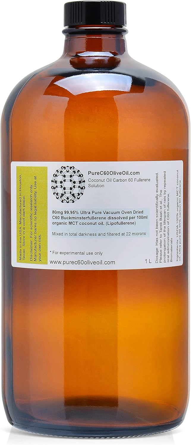 PureC60OliveOil C60 MCT Coconut Oil 1L / 33.8 Fl Oz - 99.95% Carbon 60 Solvent Free 800mg - Amber Glass Bottle - Third Party Tested - Carbon 60 Coconut Oil - From The Leading Global Producer