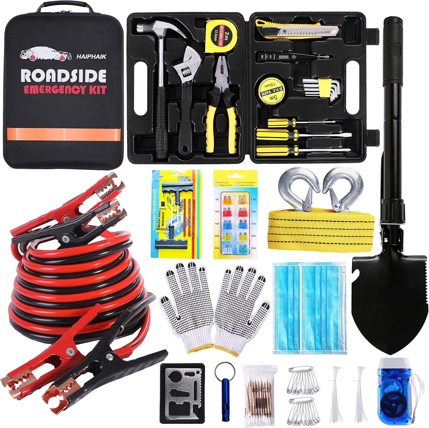 HAIPHAIK Emergency Roadside Kit - Multipurpose Emergency Pack Car Premium Road Kit Jumper Cables Set 11.8 Foot (Upgrade) 124 Pcs Emergency car Kits Car Tool kit,Tow Strap, Folding Survival Shovel Pack of 2