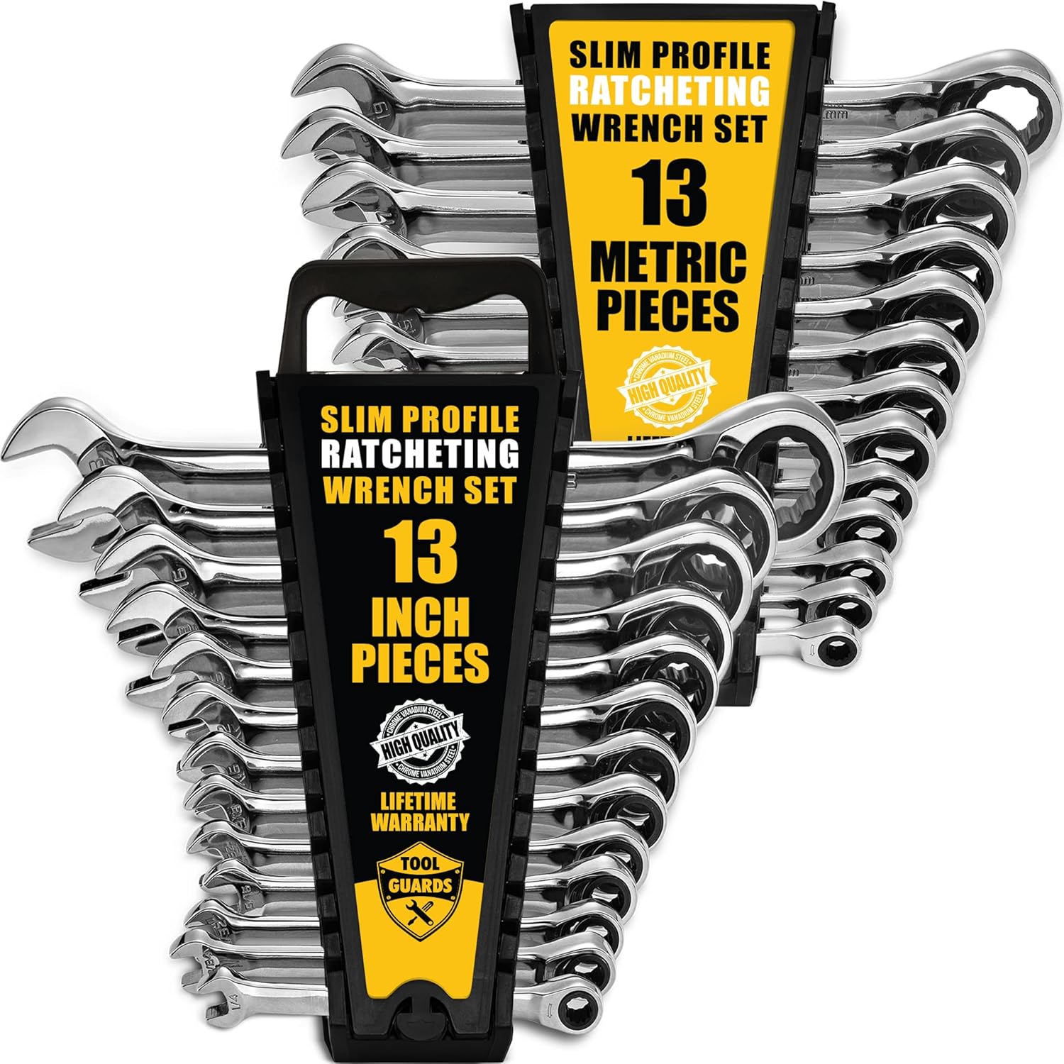 TOOLGUARDS 26 Pieces INCH/MM slim profile Ratcheting Wrench Set with Rack Organizer - Wrenches Set