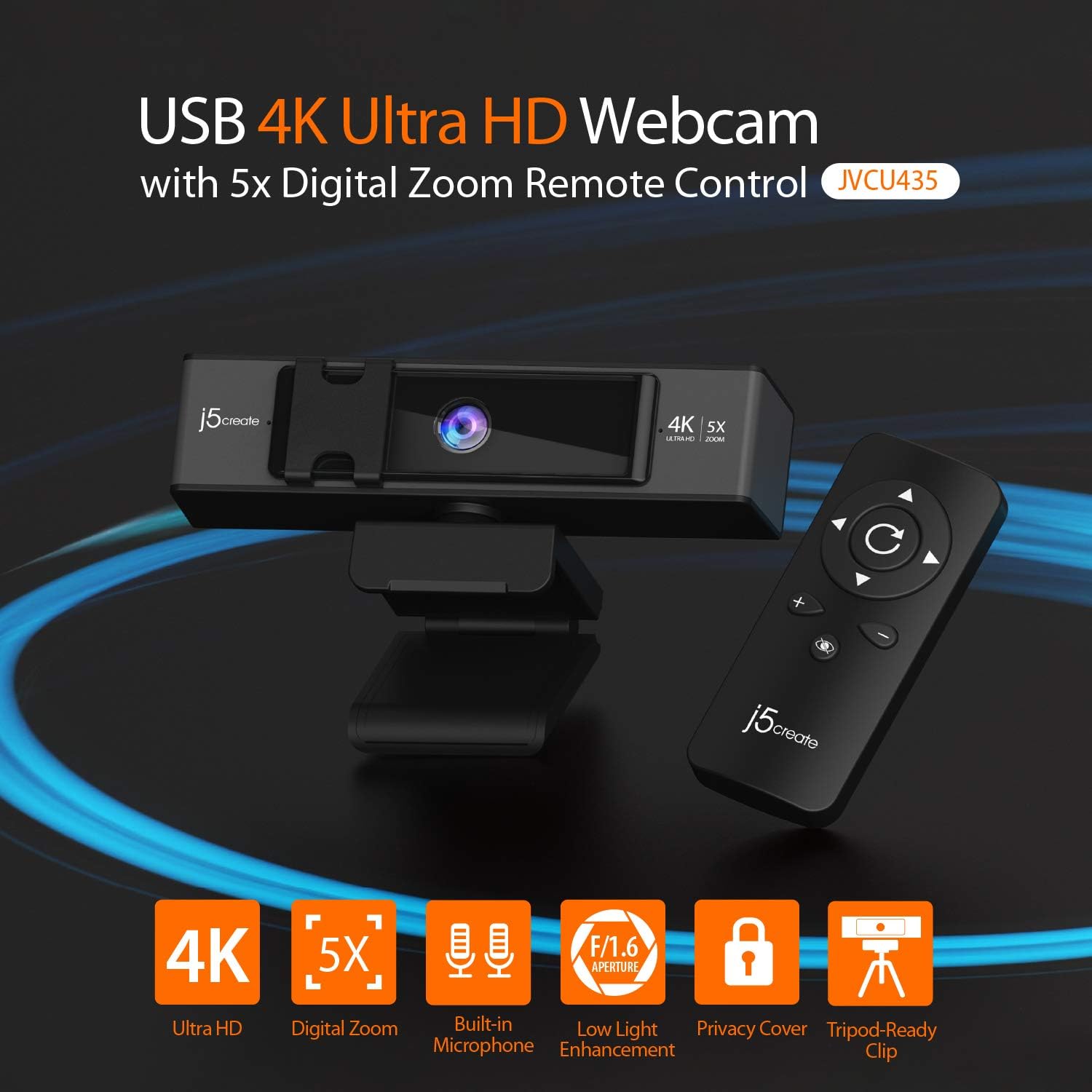 j5create 4K Ultra HD Webcam with 5X Digital Zoom, Privacy Cover, Low Light Enhancement, Dual High-Fidelity Microphones, Remote Control, USB-C | for Video Conferencing, Online Classes, Live Streaming