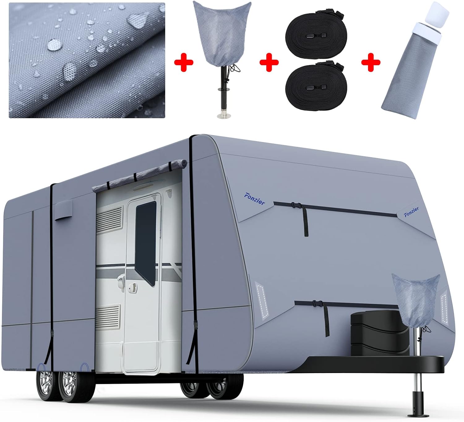 Fonzier Upgraded Waterproof Travel Trailer RV Cover Windproof Camper Cover Breathable for 28’7”-31’6“ with 4 Gutter Spout Covers Tongue Jack Cover Extra 2 Windproof Straps