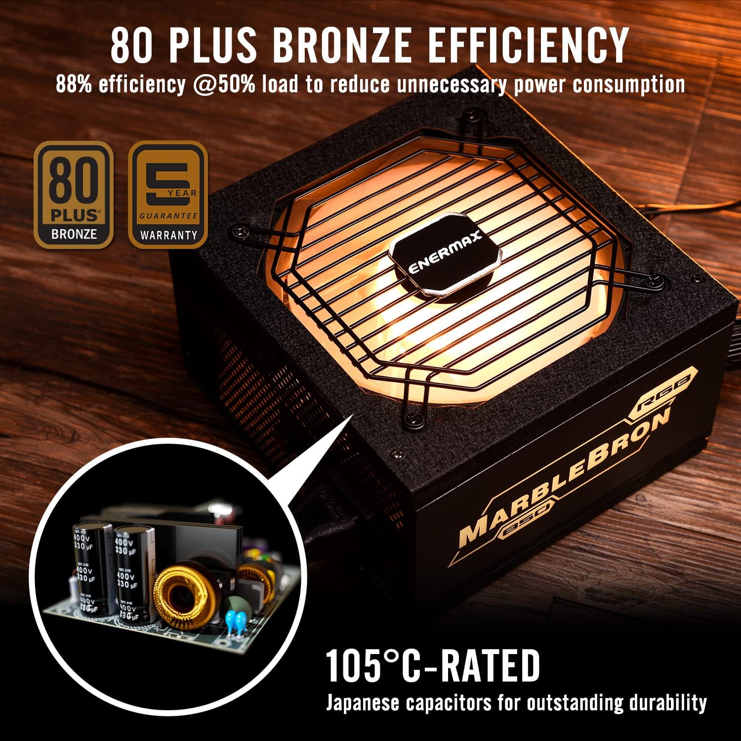 Enermax Marblebron 850W aRGB Power Supply, 80 Plus Bronze, Semi-Modular PSU, Silent Fan, Black Flat Cable, ATX Compact 140mm Size, 5 Year Warranty, EMB850EWT-RGB