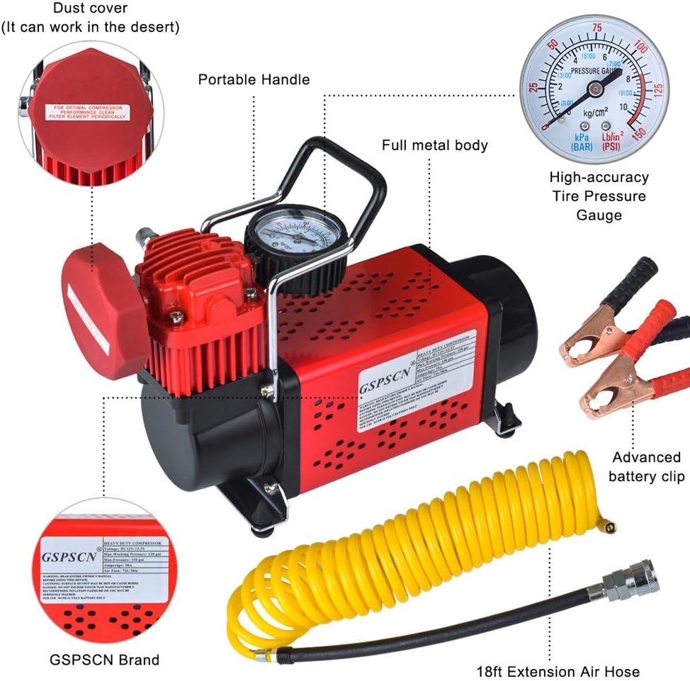 GSPSCN Portable 12V Air Compressor Pump, 150PSI Red Tire Inflator, Heavy Duty Auto Air Pump,for Car, Truck, RV, ATV, Bike,Balls,Lawn Mower and Other Inflatables