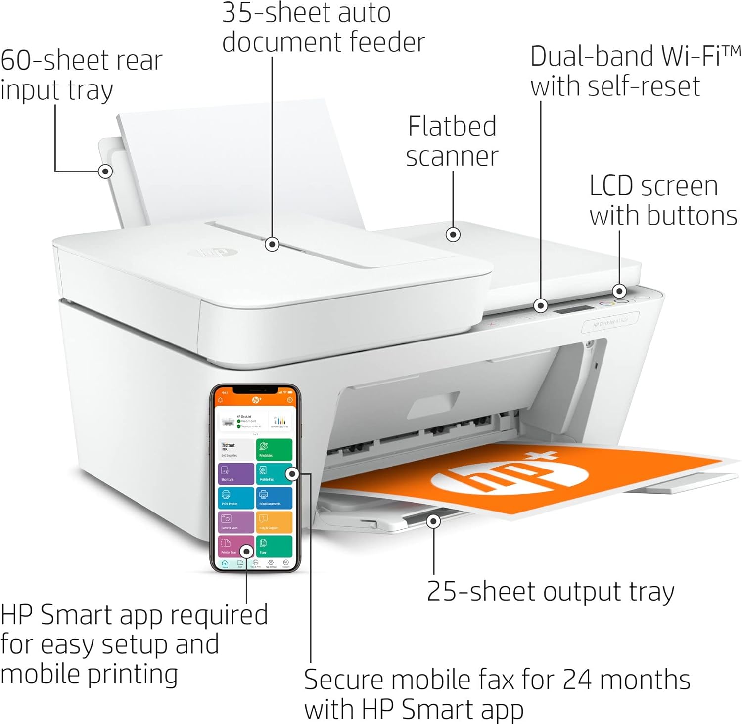 H-P DeskJet 41Series All-in-One Wireless Color Inkjet Printer Mobile Print, Scan & Copy, Auto Document Feeder Features 2-Sided Printing, Multi-Page scanning, and a Bools USB Printer Cable