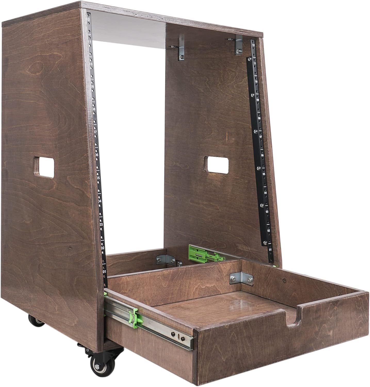 Sound Town 12U DIY Slanted Studio Rack with 12U Rack Space, Extra 2U Drawer, Plywood, Rubber Feet, Casters, Weathered Gray (SDRK-12TBD2)