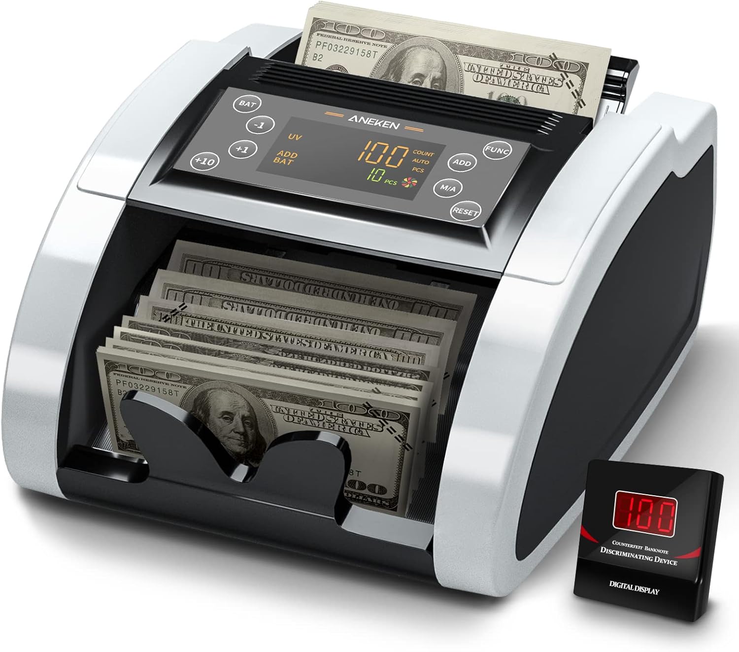 Aneken Upgraded Money Counter with UV/MG/IR/DBL/HLF/CHN Counterfeit Detection - USA/EUR Business Grade Portable Bill Counter with LED Display/Add/Batch Modes, 1,000 Bills/Min