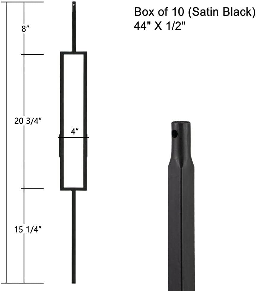 Aotree Wrought Iron Balusters – Metal Balusters for Decks – Spiral Stair Railing - 1/2 -inch Set of 10 - Hollow Rectangle Iron Spindles – Satin Black