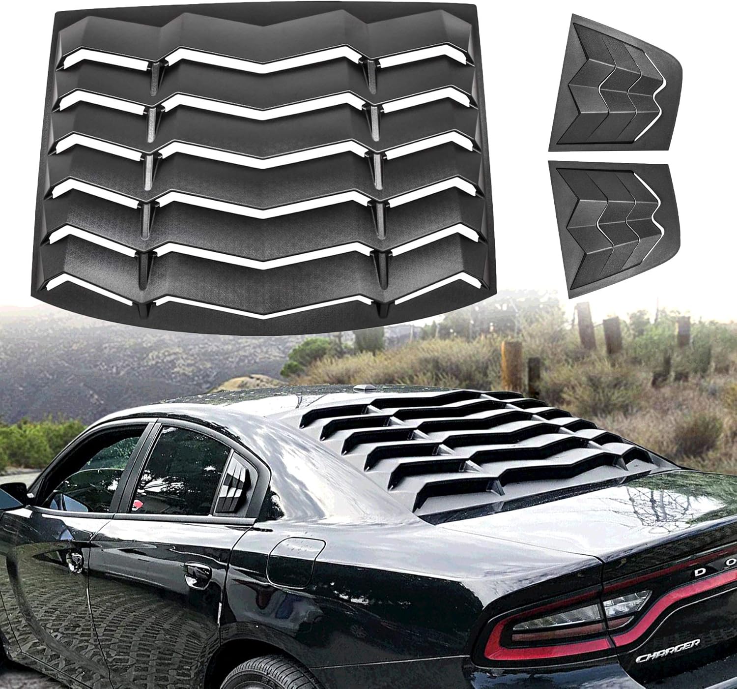 LE-JX Matte Black Rear+Side Window Louver Cover 2/Set Compatible with 2011-2021 Dodge Charger in GT Lambo Style Custom Fit All Weather ABS