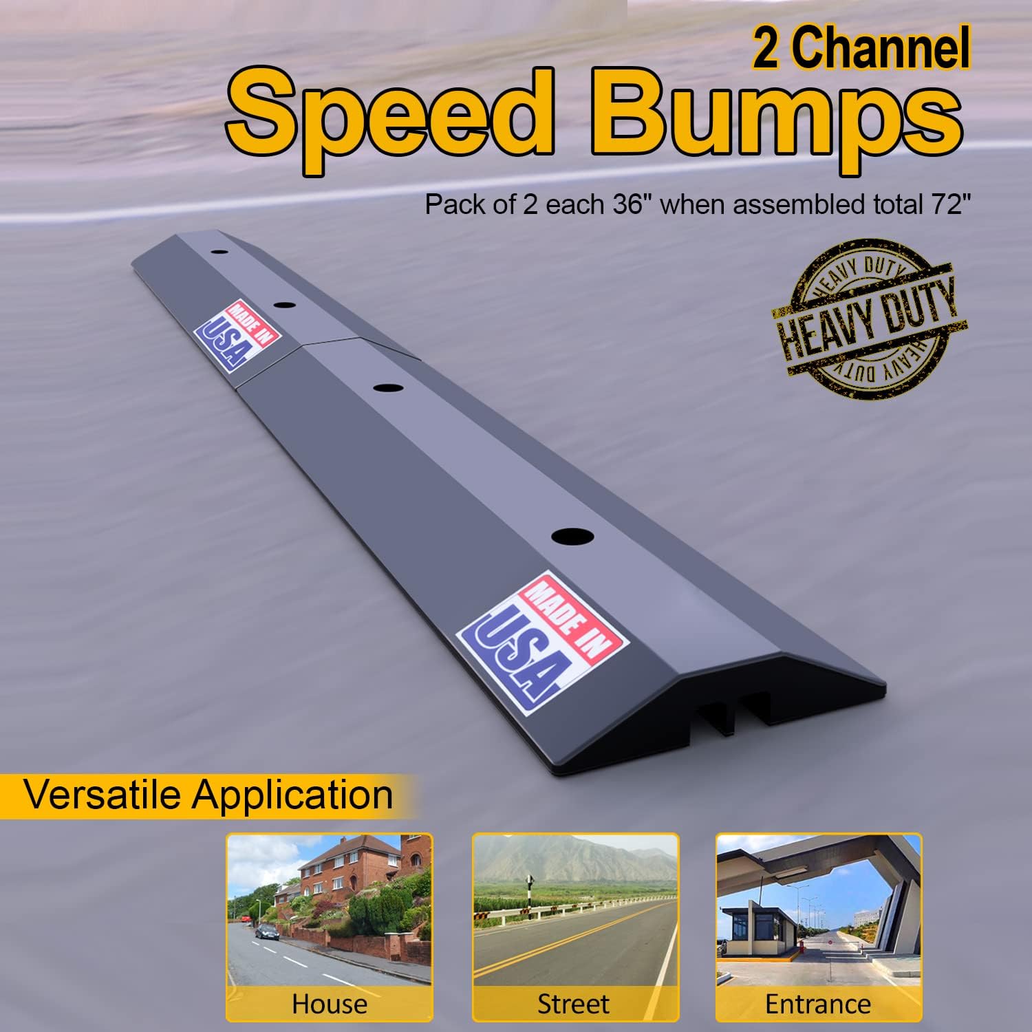 BULLKE Bolt-Down Speed Bumps for Driveway Traffic | Super Thick Tough Durable Plastic (not Smelly Rubber) Made in USA High Capacity Protective Wire Cord Ramp 2 Channel Cable Protector Heavy Duty Pack of 2