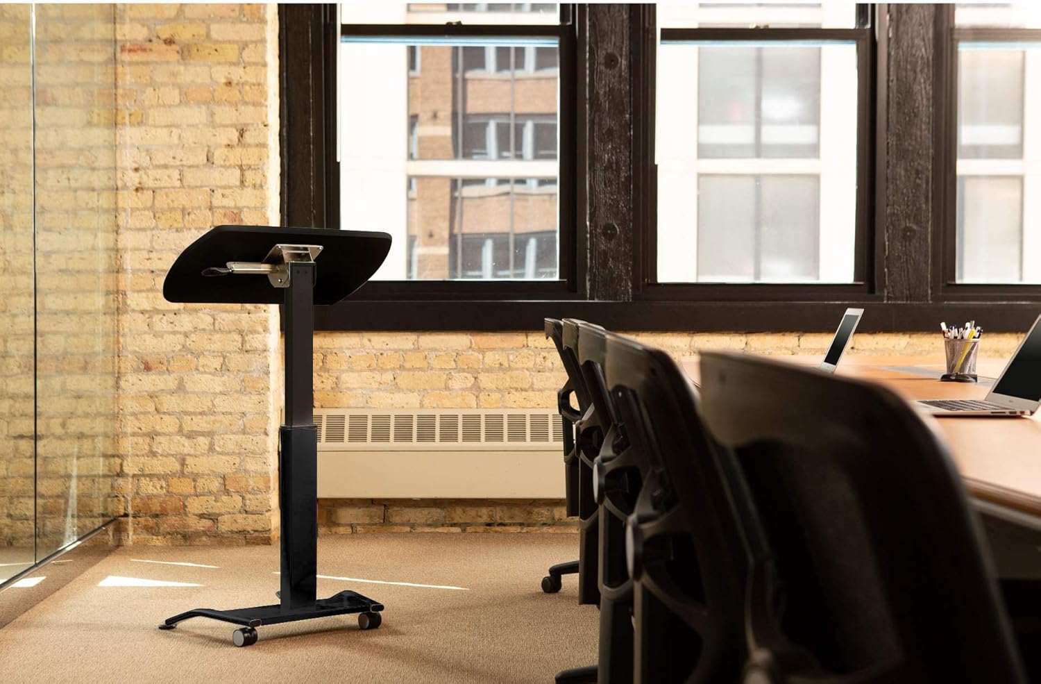 Stand Up Desk Store Pneumatic Adjustable Height Tilting Laptop Lectern Speakers Podium (Black, 25.5