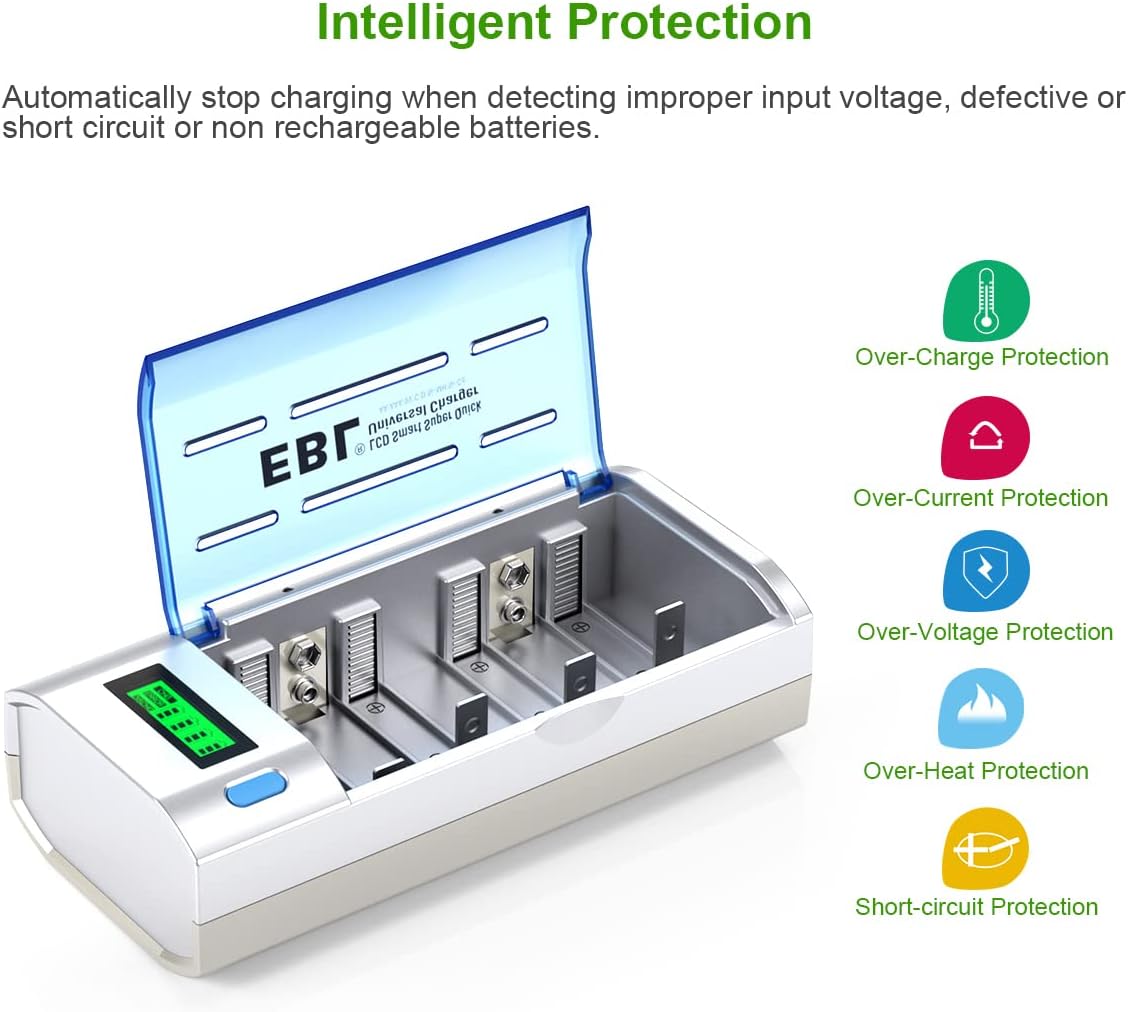 EBL D Cells 10000mAh Rechargeable Batteries (4 Counts) with C D 9V AA AAA Battery Charger Pack of 2