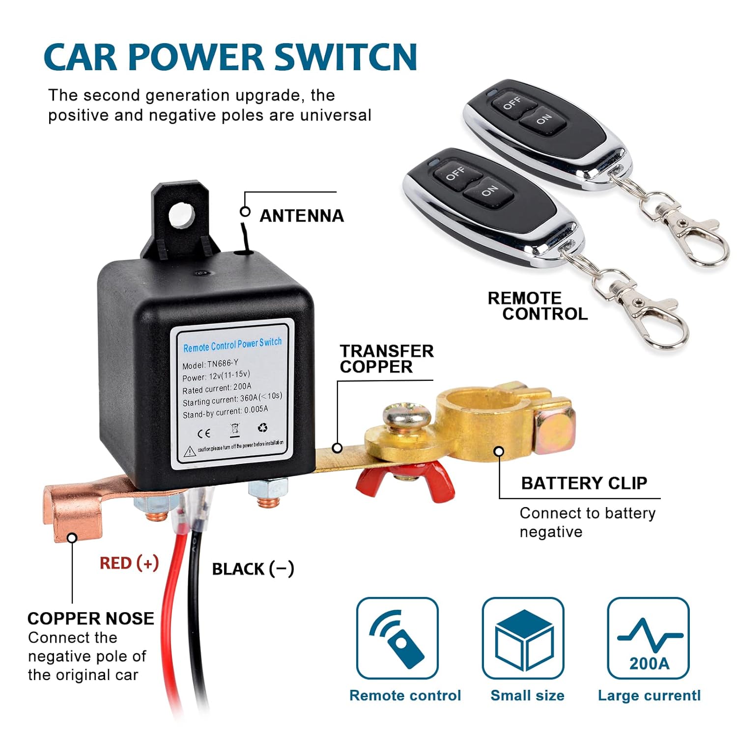 MAIKER Wireless Remote Control Battery Disconnect Switch Kill Switch for Car with 2 Keys Upgraded DC12V 200A Anti-Theft Prevent Battery Drain Electromagnetic Solenoid Valve Terminal Pack of 2
