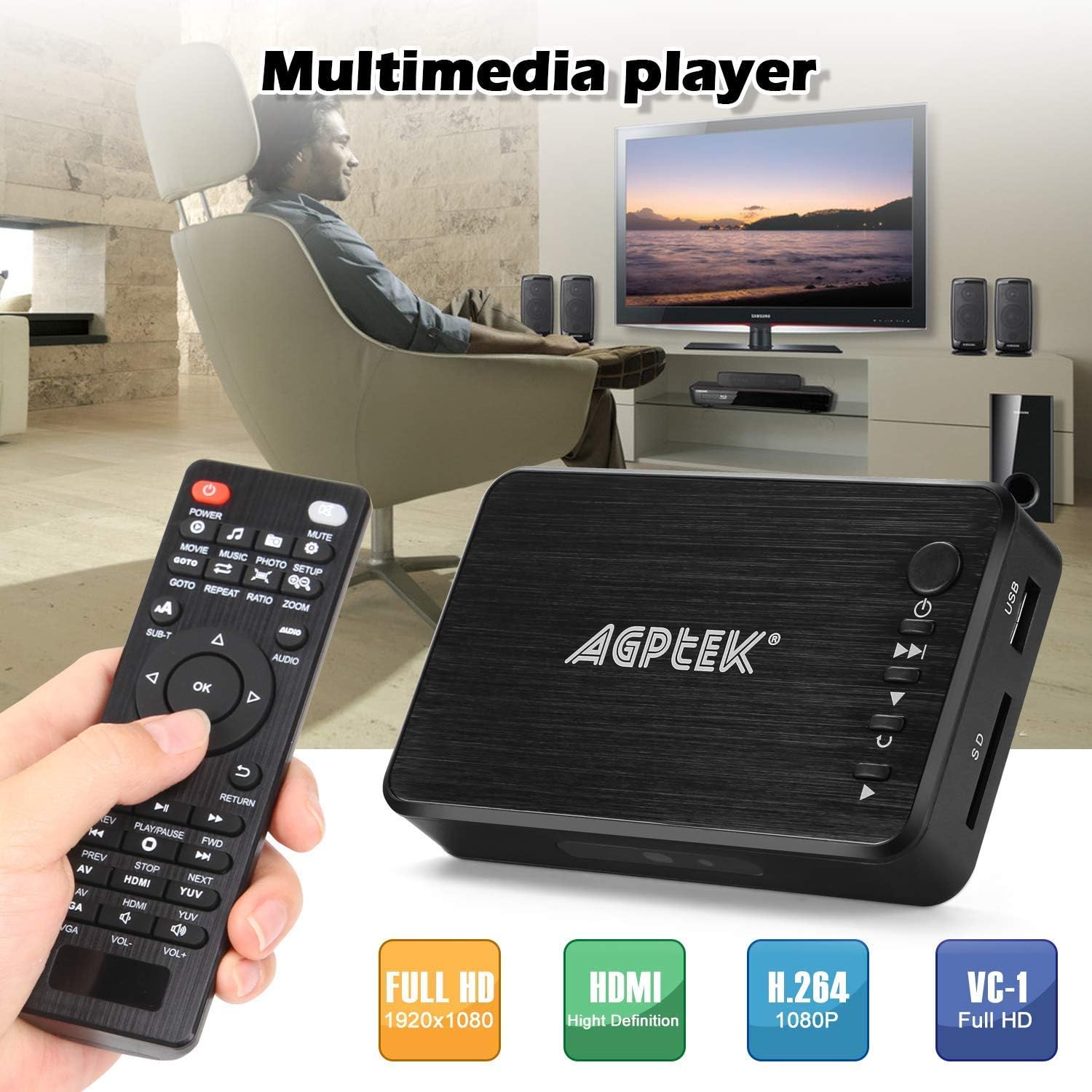 AGPTEK 1080P Media Player Read USB drive/SD card with HD HDMI/AV/VGA Output for RMVB/ MKV /JPEG etc with Remote Control Pack of 2