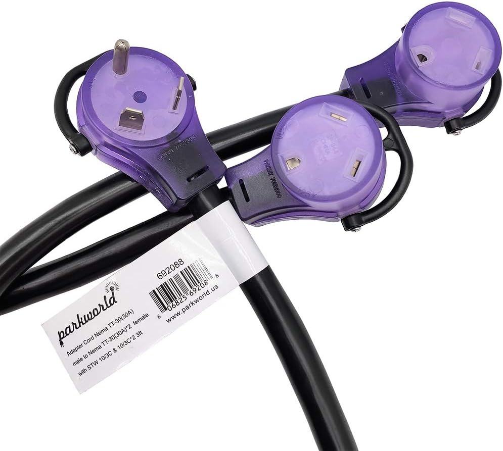 Parkworld 692088T RV 30 AMP Splitter, TT-30P to (2) TT-30R (Black with neon-Light in Ends) Y Adapter Cord Pack of 2