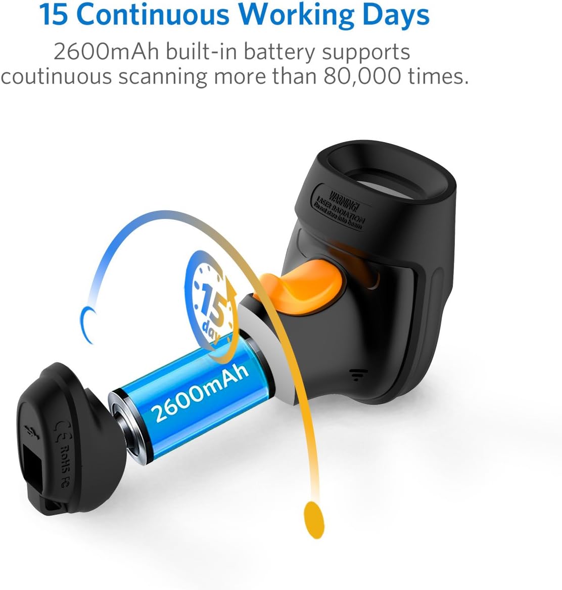 Inateck Barcode Scanner, Wireless Scanner, 2600mAh Battery, 35M Range, Automatic Scanning, BCST-60 Black Pack of 2