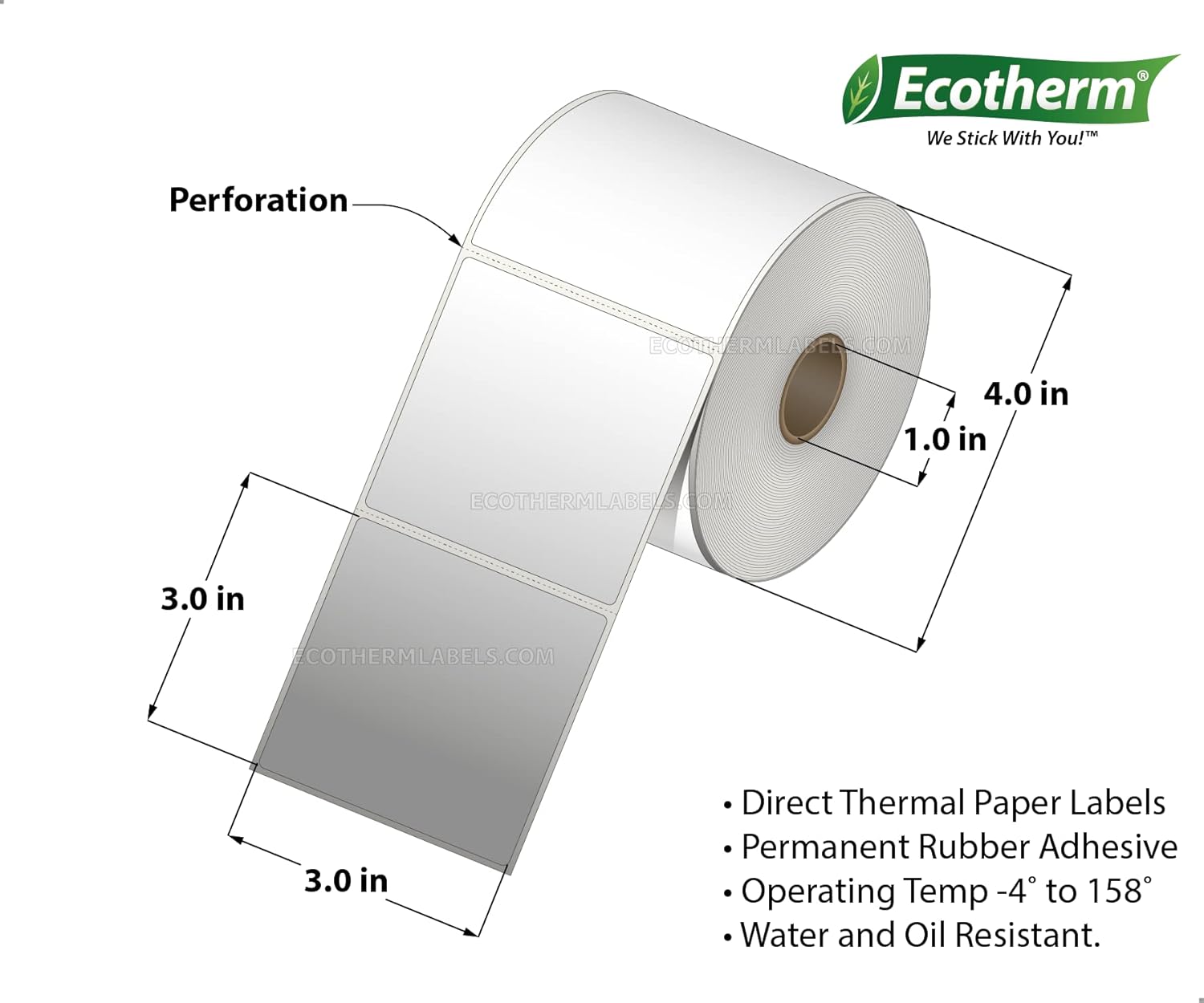 Ecotherm 3x3 Thermal Labels - 525 Paper Stickers Per Roll - 4 Rolls - fits Zebra LP2844, GC420, GK420, GX430, ZD220, ZD420, ZD500, ZD620, ZP-500, GT800 Direct Thermal Printers Pack of 2