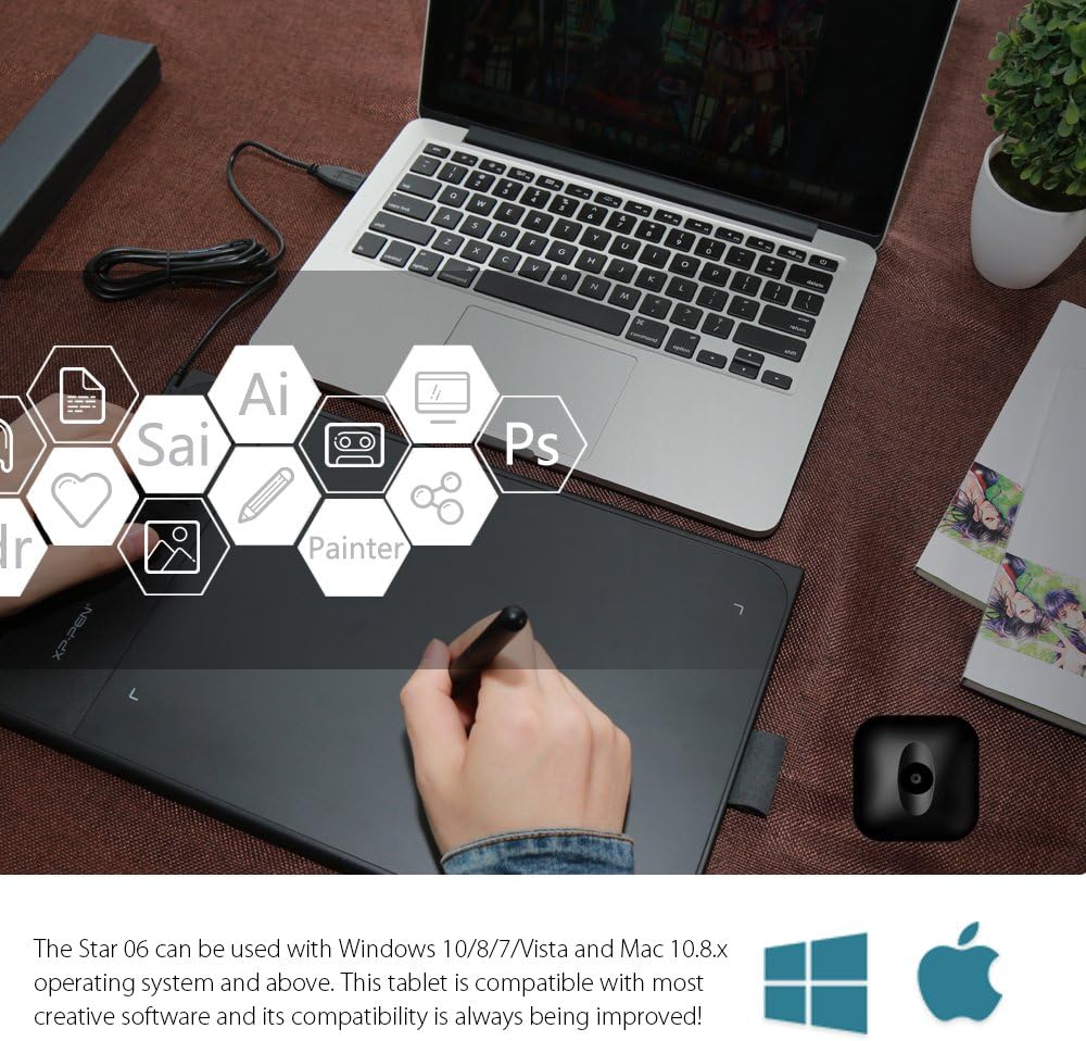 XP-Pen Star06 Wireless 2.4G Graphics Drawing Tablet Digital Tablet Painting Board with 6 Hot Keys-10x6 Inch