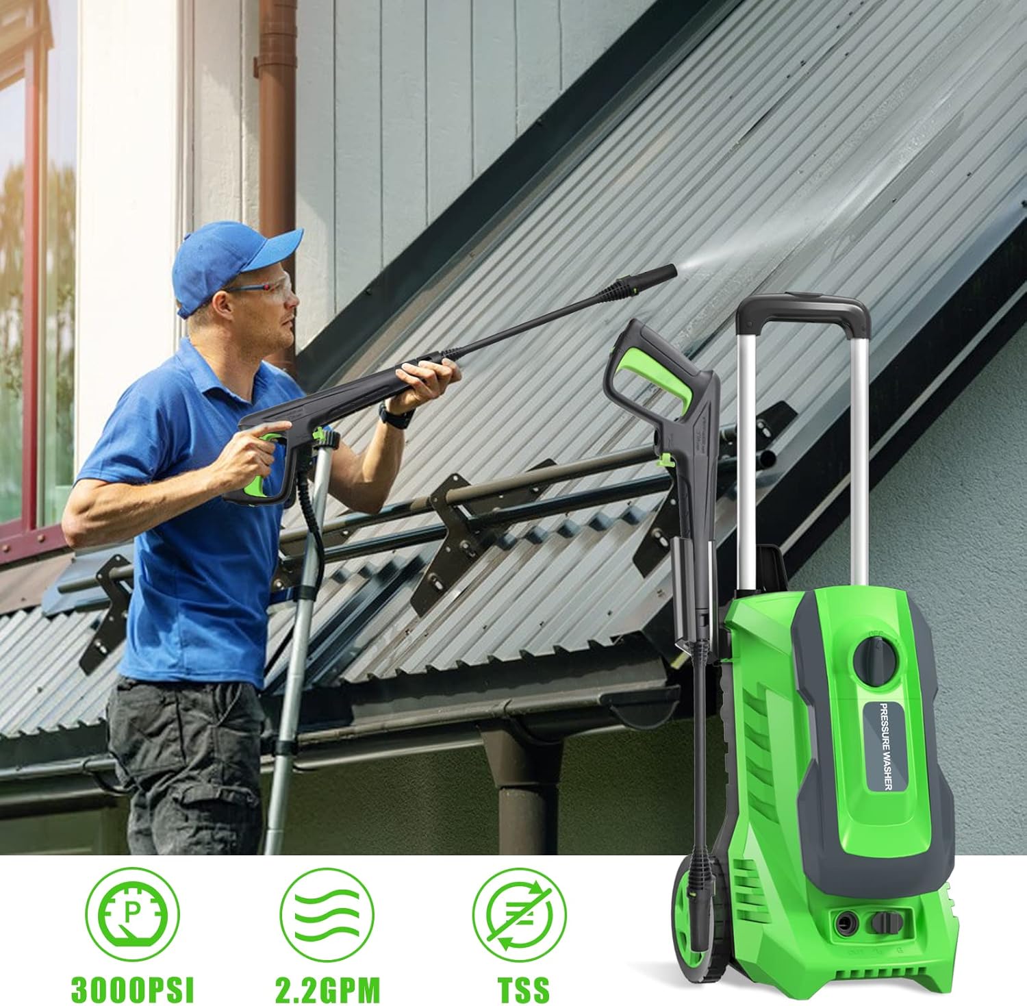 YANICHA Electric Power Washer - 3000 PSI + 2.2 GPM High Pressure Washers Electric Powered with Adjustable Spray Nozzle Foam Cannon, Car Washer Cleaner for Cars, Homes, Driveways, Patios (Green)