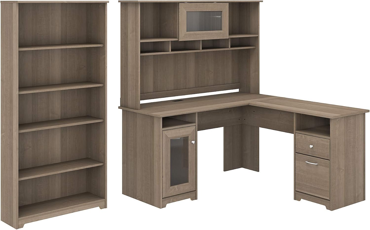 Cabot L Shaped Desk with Hutch and 5 Shelf Bookcase in Espresso Oak