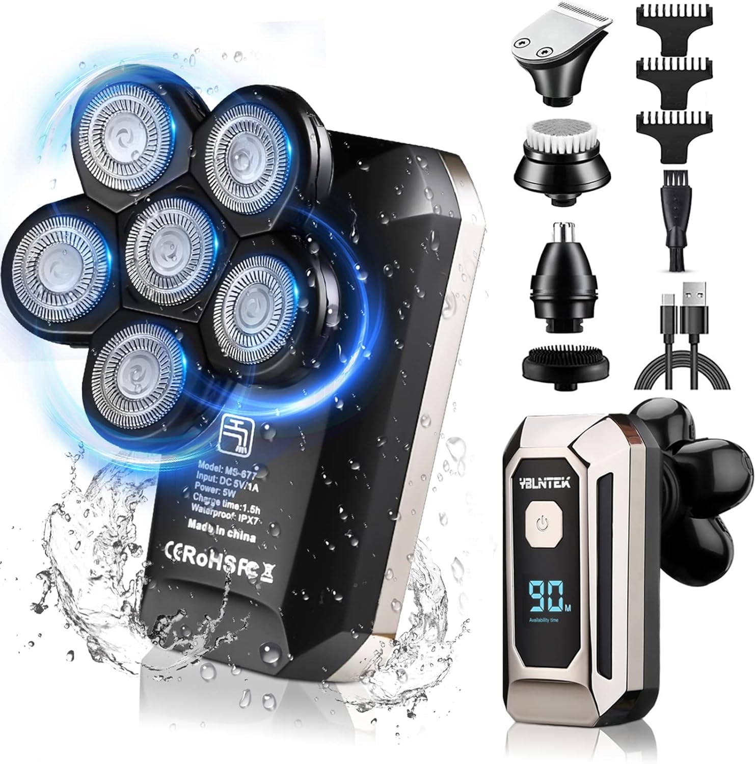 Head Shavers for Bald Men, YBLNTEK Men Electric Shaver Bald Head Shaver Cordless Electric Razor for Men, Waterproof Rotary Shaver Grooming Kit, LED Display, Men Electric Trimmer Wet/Dry,Fast Charge Pack of 2