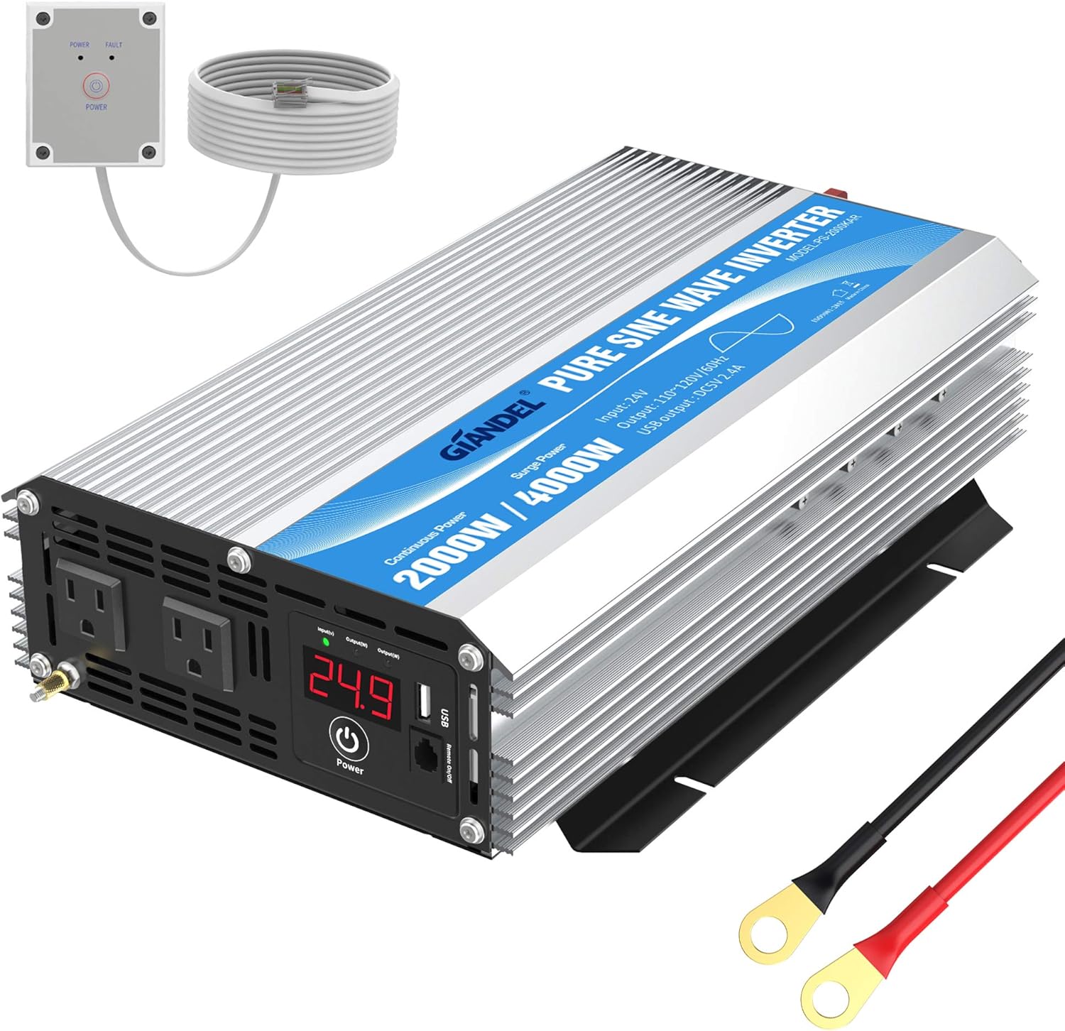 GIANDEL 24 Volt 2000W Pure Sine Wave Power Inverter DC 24V to AC120V with Dual AC Outlets with Remote Control 2.4A USB and LED Display