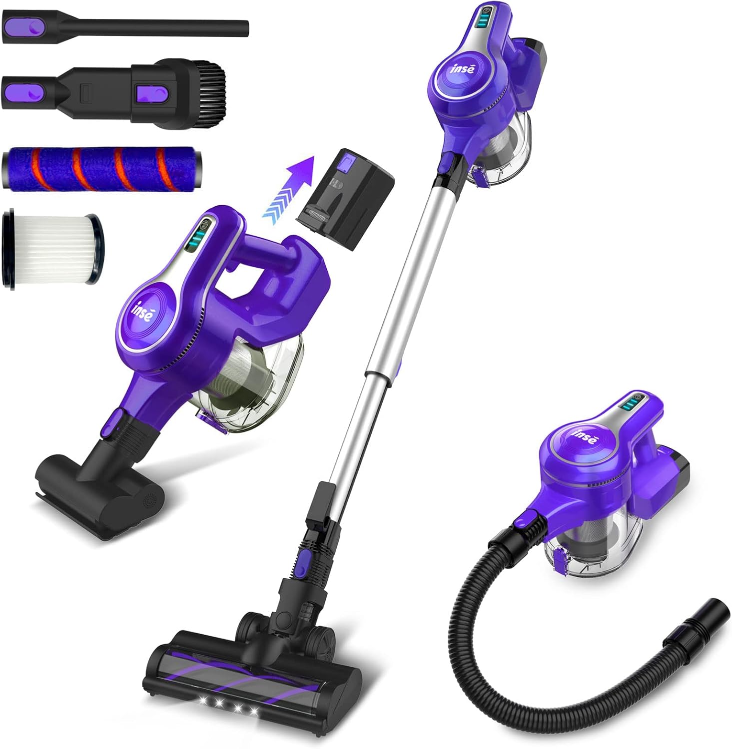 INSE Cordless Vacuum Cleaner, 23Kpa 265W Powerful Suction Stick Vacuum Cleaner, Up to 45min Runtime, Rechargeable Battery Vacuum, 10-in-1 Lightweight Vacuum for Carpet Hard Floor Pet Hair Car,S6T Blue