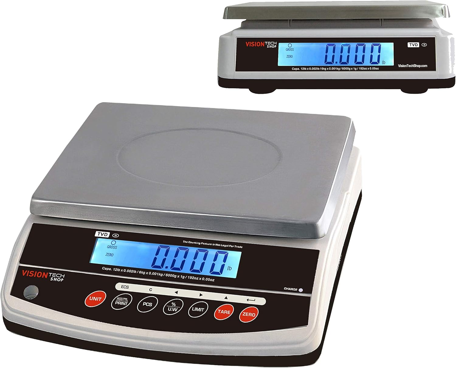 VisionTechShop TVD-12D Digital Bench and Counter Scale, Lb/Oz/Kg/g Switchable, 12lb Capacity, 0.002lb Readability, Counting and Percentage Mode, Dual Display, NTEP Legal for Trade, CC# : 20-032