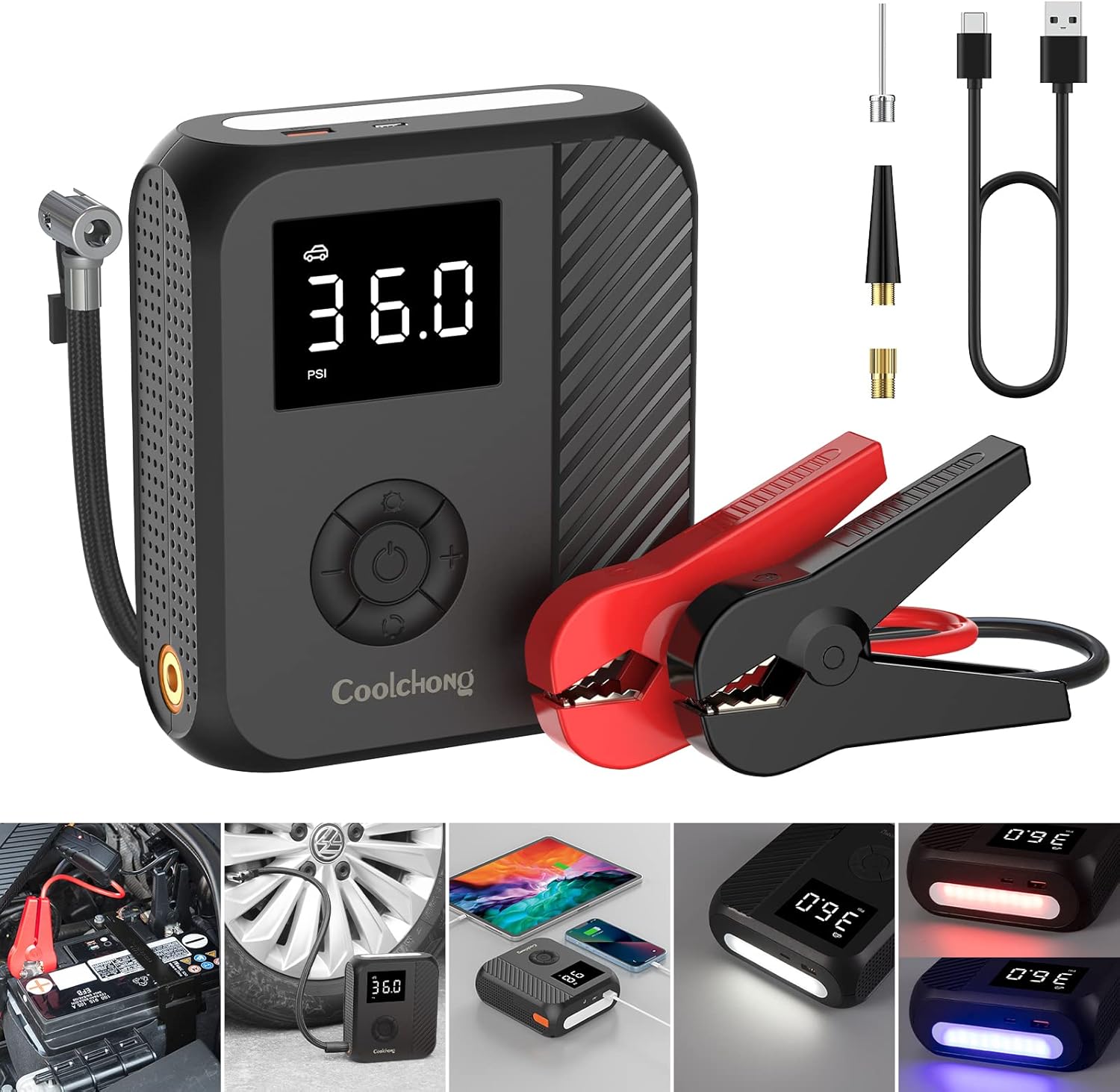 Portable Car Jump Starter, COOLCHONG Car Emergency Start Power with Power Bank and LED Light, 12000mAh Auto Starter Booster Power Pack with 2 USB QC3.0 24W and 1 Type-c PD 60W Pack of 2