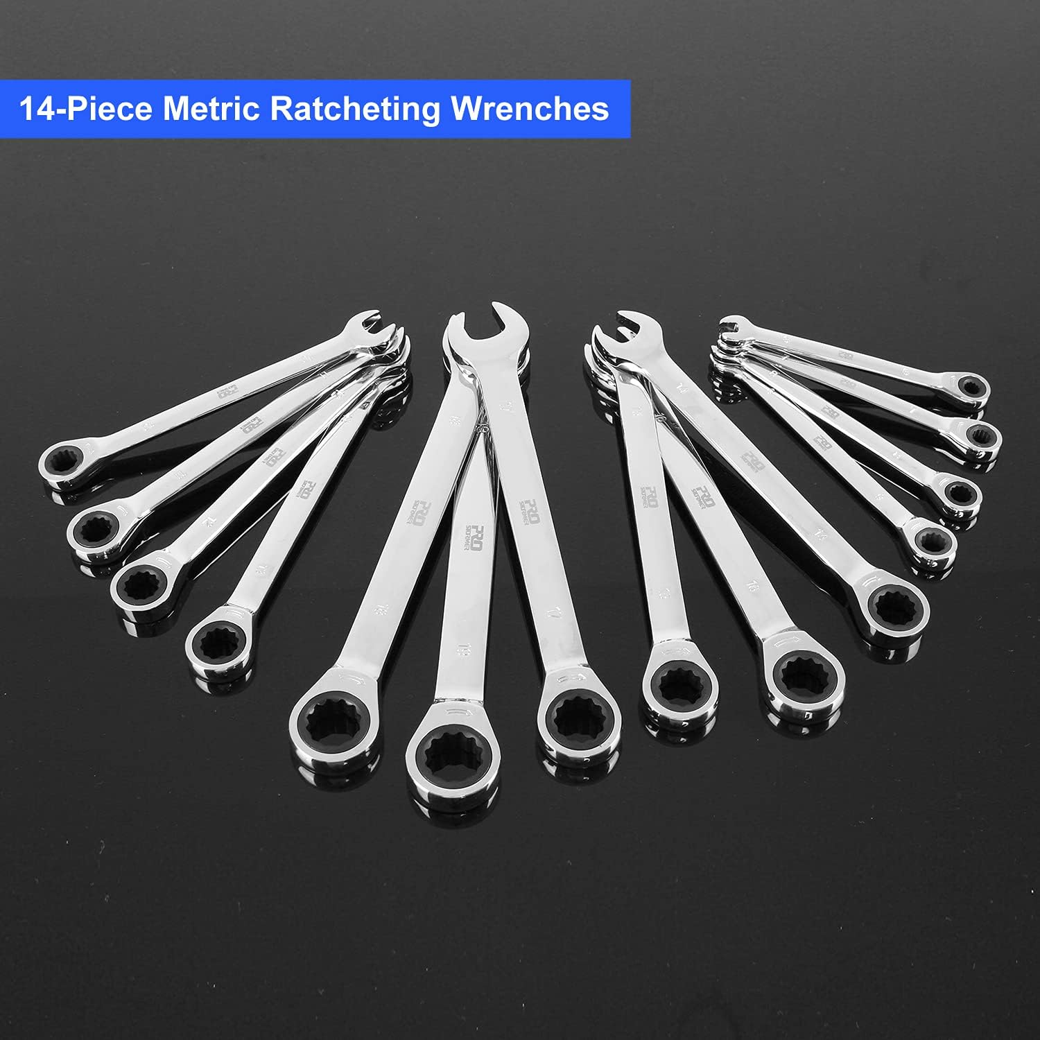 PROSTORMER 14-Piece Ratcheting Wrench Set, 6-19mm Metric Chrome Vanadium Steel Ratchet Wrenches, Combination Ended Spanner Kit with Storage Case Pack of 2