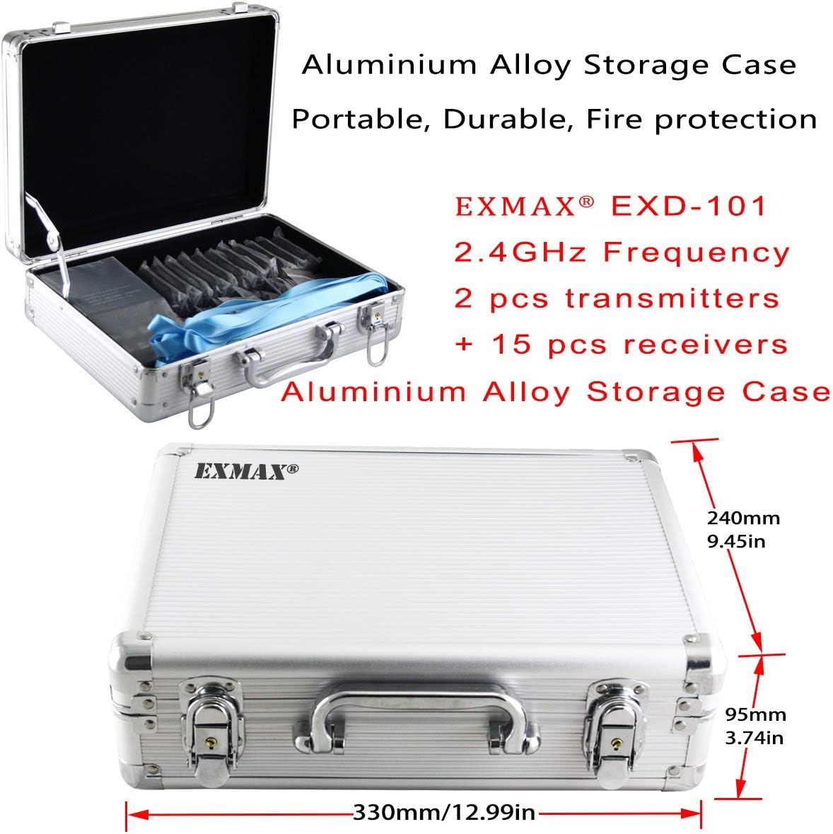 EXMAX EXD-101 2.4GHz Wireless Audio Tour Guide System for Industry Visit, Civic Meeting, Corporate/Government Visitant Reception, Student Training - 2 Transmitters 15 Receivers & Silver Storage Case