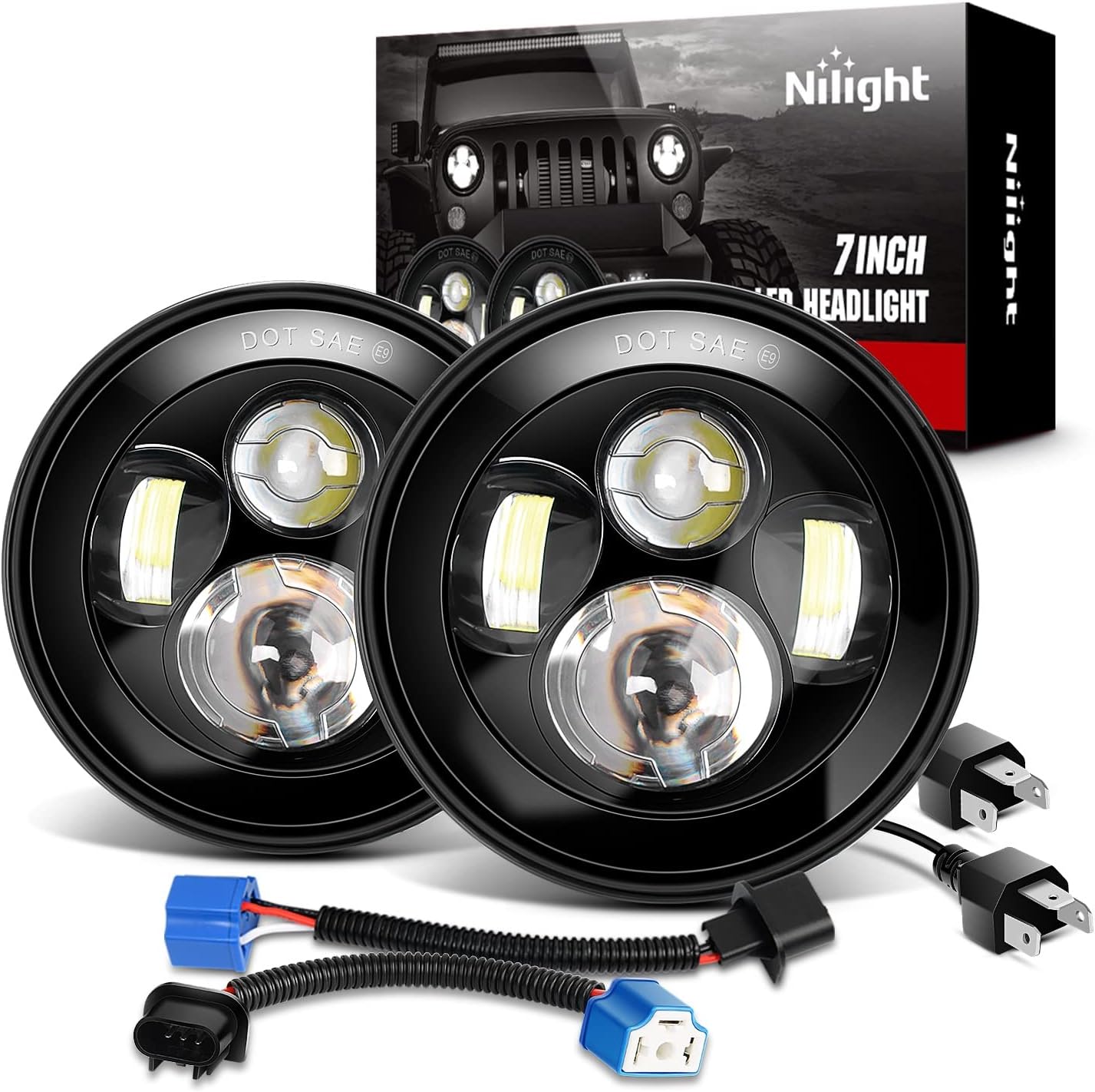 Nilight 2PCS 7 Inch Round Cree LED Headlight High Low Beam for Wrangler JK TJ CJ 1997-2017 Rubicon Sahara Hummber H1 H2 Motorbikes, 2 Years Warranty Pack of 2