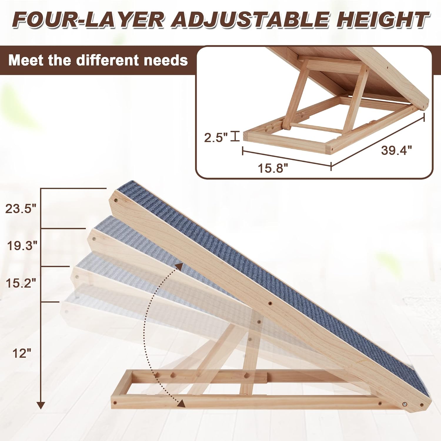 Azaeahom 4-Layer Adjustable Wooden Pet Ramp Folding Portable Dogs & Cats Ramp with Paw Traction Mat for Bed, Couch, Car, SUV, 39.4