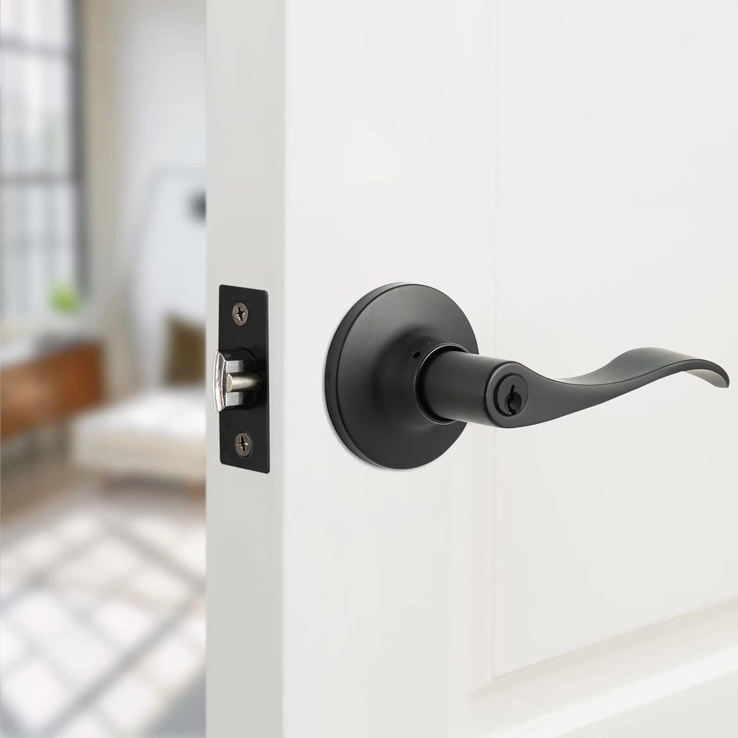 NeuType 3 Pack Satin Nickel Front Door Handle with Lock and Key, Entry Door Lockset, Wave-Like Lever, Compatible with Right & Left Handed Doors, Keyed Entry Lock for Home, Office or Hotels Pack of 2