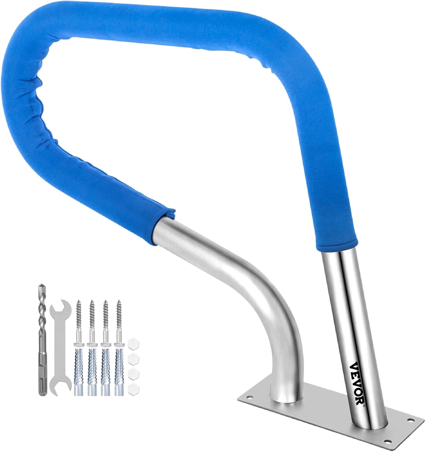 VEVOR Pool Rail 30x22 Pool Railing 304 Stainless Steel 250LBS Load Capacity Silver Rustproof Pool Handrail Humanized Swimming Pool Handrail with Blue Grip Cover & M8 Drill Bit & Self-Taping Screws