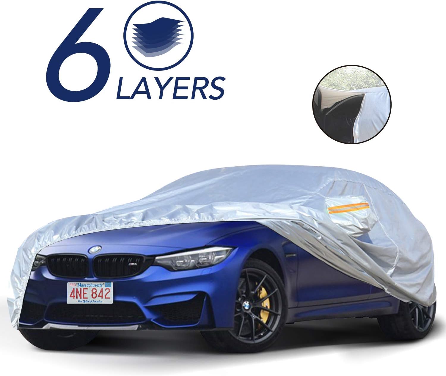 TWING Car Cover Universal Full Car Covers with Zipper Door 6 Layers All Weather Protection Waterproof Windproof Snowproof Dustproof Scratch Resistant UV Protection (fit Sedan up to 185’’) Pack of 2