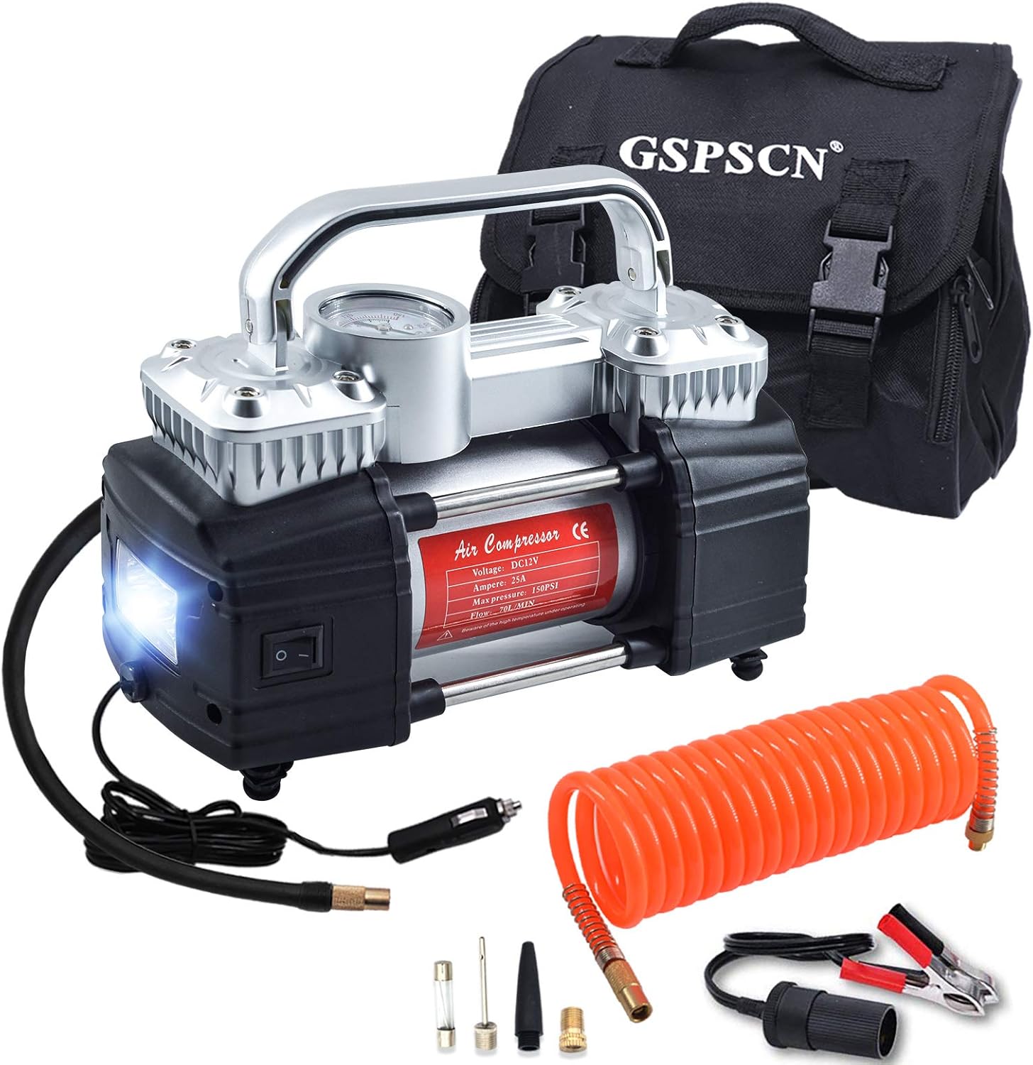 GSPSCN Dual Cylinder DC 12V Air Compressor for Car, Heavy Duty Portable Tire Inflator,Tire Pump 150PSI with LED Light for Auto,Truck,SUV, RV,Balls etc (RED) Pack of 2