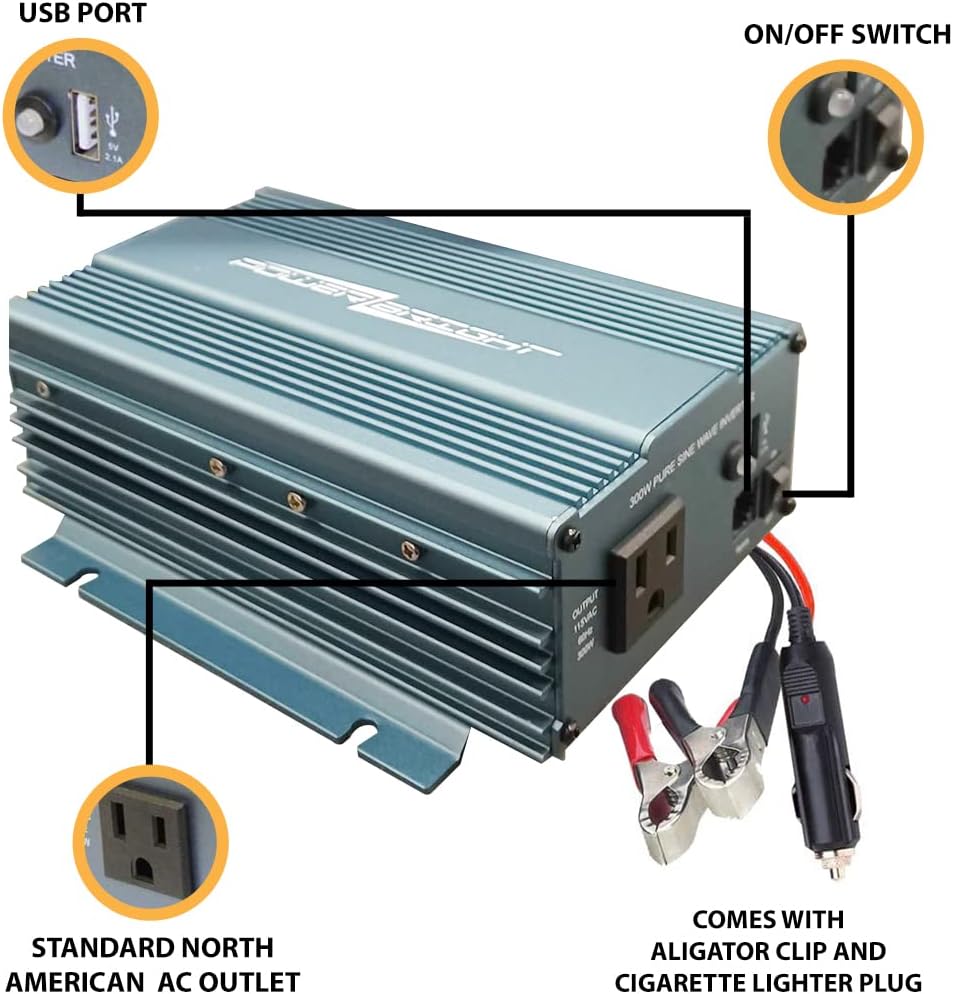 PowerBright Pure Sine Wave Power Inverter 300 Watt True Sine Continuous 12 Volt DC to 115 Volt AC with USB Charging Port - Perfect for an Emergency, Hurricane, Storm Outage Pack of 2