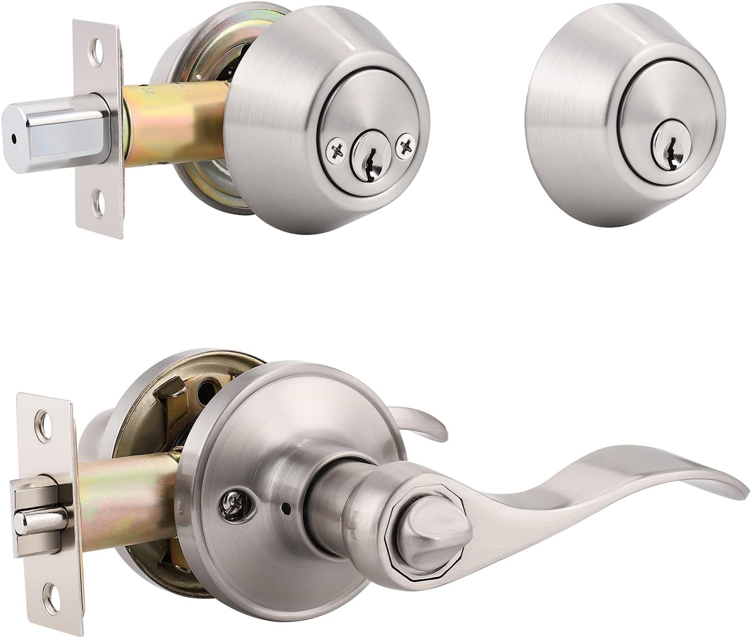 3 Pack Wave Entry Door Levers and Single Cylinder Deadbolt Combination Set, Satin Nickel Finish, Keyed Alike Entrance Door Lock with Deadbolt, Universal for Right and Left Handed Doors