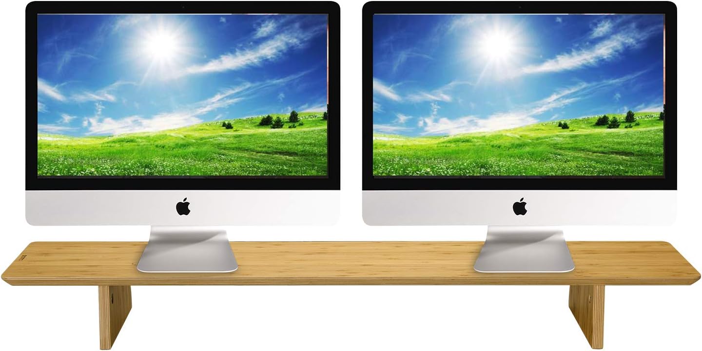 SAMDI Large Bamboo Wood Dual Monitor Stand Riser for Desktop Shelf Organizer Stand Riser, Sturdy&Stable Monitor Riser for 2 Monitors,Computer,Laptop,Printer,TVs Monitor Riser Stand(Bamboo) Pack of 2