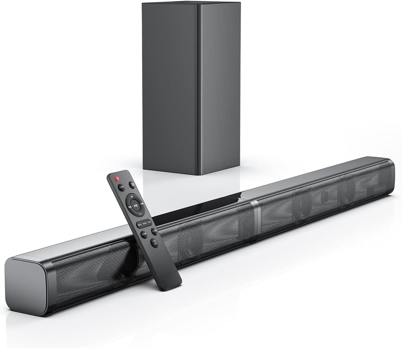TV Sound Bar with Subwoofer, 2.1 CH Ultra-Slim Sound Bars for TV, 110dB/100W, 5 Smart EQ Modes, LED Night Mode, Bass Adjustable Surround Sound, Works with 4K & HD TVs, Optical/Aux/USB Multi-Connection